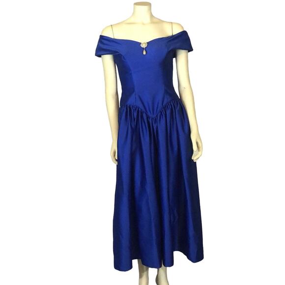 Vintage 80s Royal Blue 0ff shoulder drop waist Dress pearl accent formal dress 4 - Picture 1 of 12